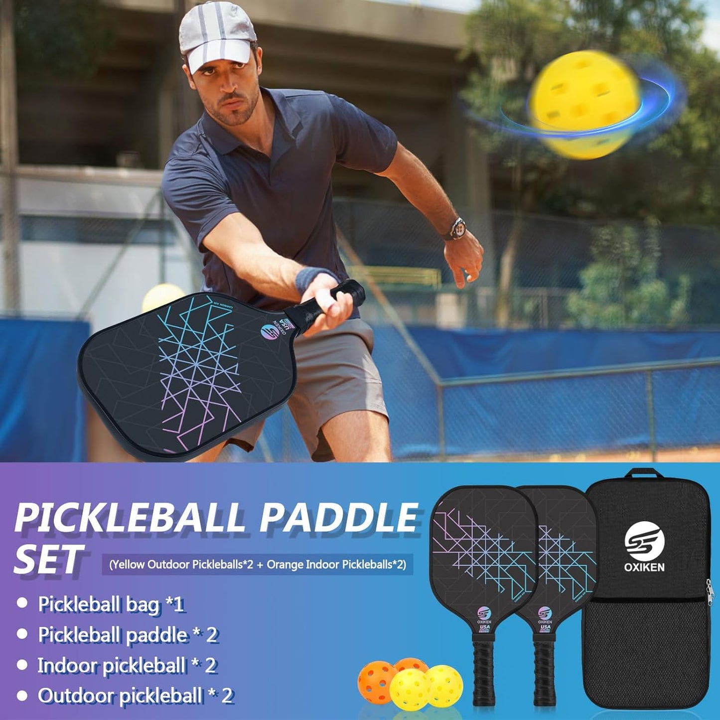 OXIKEN Pickleball Paddles Set of 2, USAPA Approved Carbon Fiber Pickle Ball Paddle (CHS), Polypropylene Honeycomb Core, Anti Slip Sweat Absorbing Grip, 2 Outdoor Pickleball, 2 Indoor Pickleball, Bag