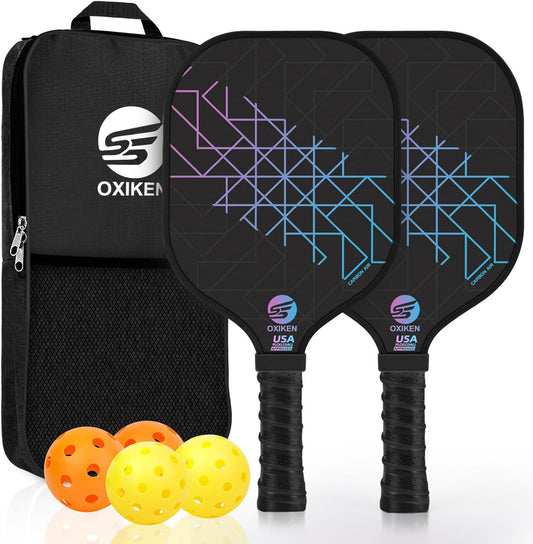 OXIKEN Pickleball Paddles Set of 2, USAPA Approved Carbon Fiber Pickle Ball Paddle (CHS), Polypropylene Honeycomb Core, Anti Slip Sweat Absorbing Grip, 2 Outdoor Pickleball, 2 Indoor Pickleball, Bag