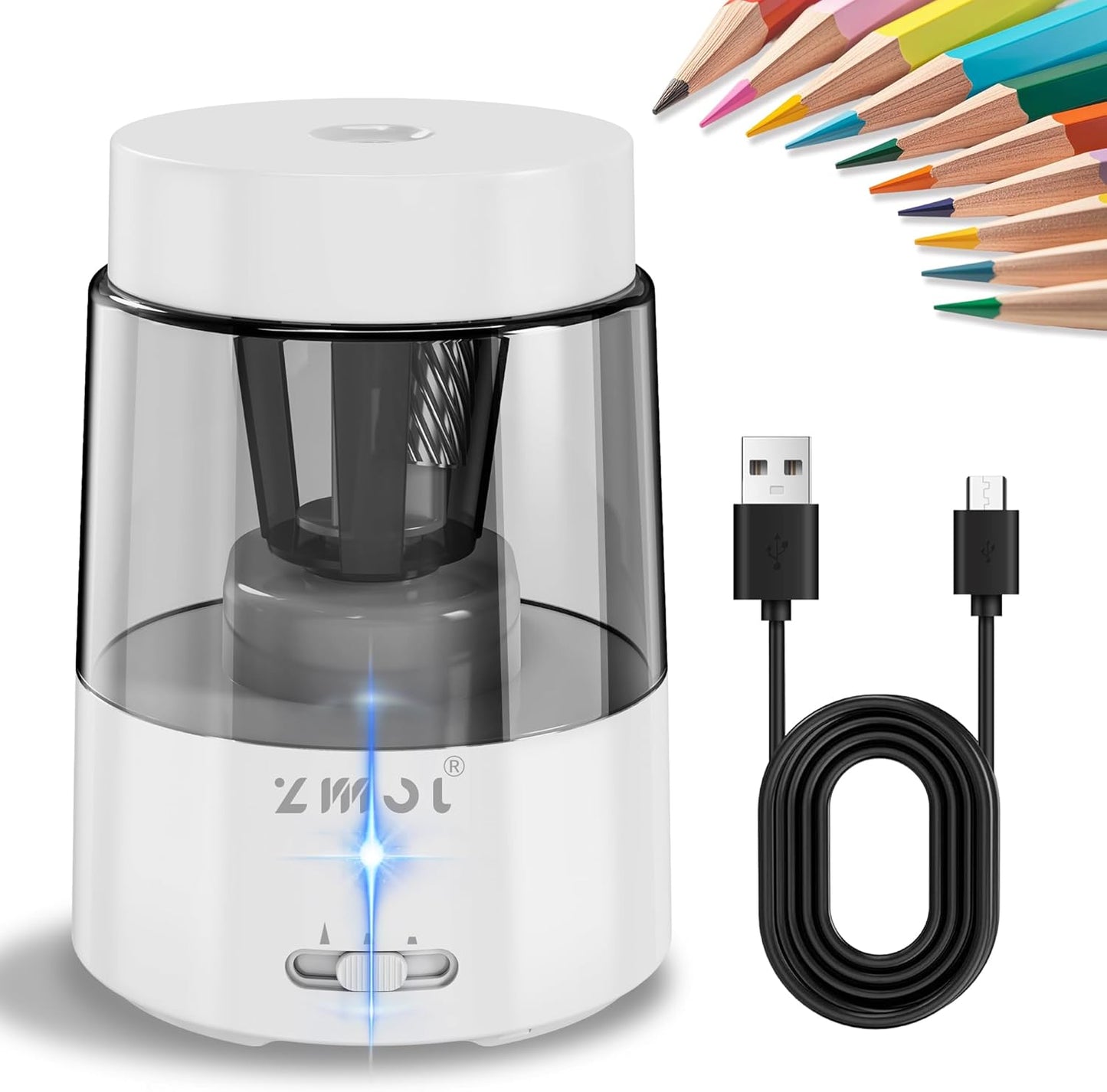 Zmol Electric Pencil Sharpener，Rechargeable Pencil Sharpeners for Kids, Auto Stop, Super Sharp & Fast, Pencil Sharpeners Electric Plug in for 6-8mm No.2/Colored Pencils/Office/Home (White)
