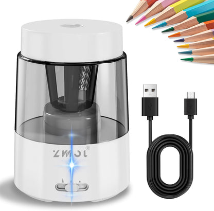 Zmol Electric Pencil Sharpener，Rechargeable Pencil Sharpeners for Kids, Auto Stop, Super Sharp & Fast, Pencil Sharpeners Electric Plug in for 6-8mm No.2/Colored Pencils/Office/Home (White)