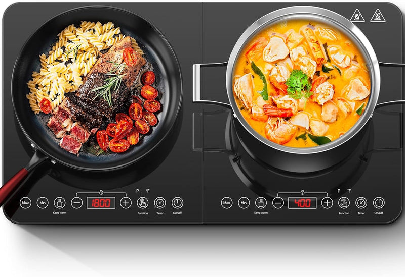 Aobosi Double Induction Cooktop,Portable Induction Cooker with 2 Burner Independent Control,Ultrathin Body,10 Temperature,1800W-Multiple Power Levels,4 Hour Timer,Safety Lock