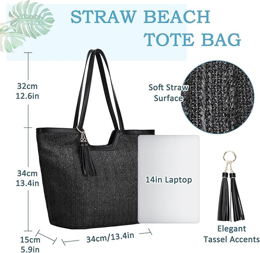 Straw Beach Tote Bag for Women,Vaschy Cute Trendy Woven Crochet Raffia Summer Shoulder Handbags Purses for Travel Vacation - PuriLite