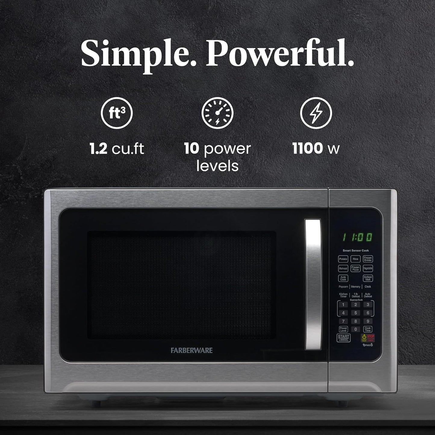 Farberware Countertop Microwave 1100 Watts, 1.2 cu ft - Smart Sensor Microwave Oven With LED Lighting and Child Lock - Perfect for Apartments and Dorms - Easy Clean Black Interior, Stainless Steel