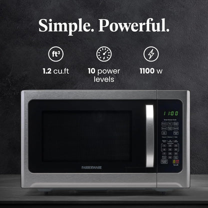Farberware Countertop Microwave 1100 Watts, 1.2 cu ft - Smart Sensor Microwave Oven With LED Lighting and Child Lock - Perfect for Apartments and Dorms - Easy Clean Black Interior, Stainless Steel