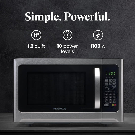 Farberware Countertop Microwave 1100 Watts, 1.2 cu ft - Smart Sensor Microwave Oven With LED Lighting and Child Lock - Perfect for Apartments and Dorms - Easy Clean Black Interior, Stainless Steel - PuriLite