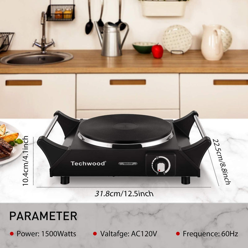 Techwood Hot Plate Portable Electric Stove 1500W Countertop Single Burner with Adjustable Temperature & Stay Cool Handles, 7.5” Cooktop for Dorm Office/Home/Camp, Compatible for All Cookwares