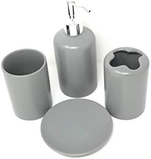 WPM 4 Piece Ceramic Bath Accessory Set | Includes Bathroom Designer Soap or Lotion Dispenser w/Toothbrush Holder, Tumbler, Soap Dish Choose from Purple, Black, Brown, Navy or Burgundy (Brown)