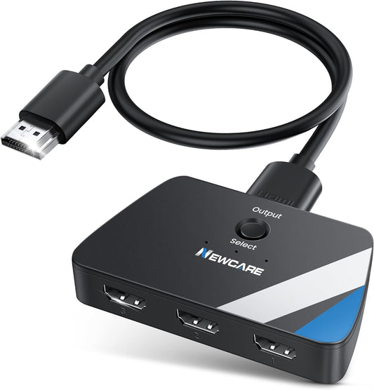 NEWCARE 4K@60Hz HDMI Switch 3 in 1 Out, HDMI Switcher 3X1 with HDMI Cable, 3-Port HDMI Switch Box Supports HDCP2.2, HDMI2.0, 3D, HDR, 1080P for PS4/PS5 Xbox Fire Stick PC HDTV DVD Player
