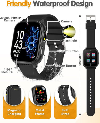 Kids Waterproof Smart Watch Boys Toys Age 5-12 with 32 Games, Dual Camera, Habit Tracking, Music Player, Video, Alarm Clock, HD Touchscreen Watch for Kids Birthday Gift for 3-12 Years Old Boys(Black)