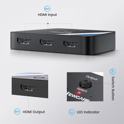 NEWCARE 4K@60Hz HDMI Switch 3 in 1 Out, HDMI Switcher 3X1 with HDMI Cable, 3-Port HDMI Switch Box Supports HDCP2.2, HDMI2.0, 3D, HDR, 1080P for PS4/PS5 Xbox Fire Stick PC HDTV DVD Player