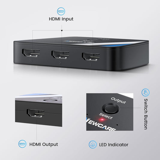 NEWCARE 4K@60Hz HDMI Switch 3 in 1 Out, HDMI Switcher 3X1 with HDMI Cable, 3-Port HDMI Switch Box Supports HDCP2.2, HDMI2.0, 3D, HDR, 1080P for PS4/PS5 Xbox Fire Stick PC HDTV DVD Player - PuriLite