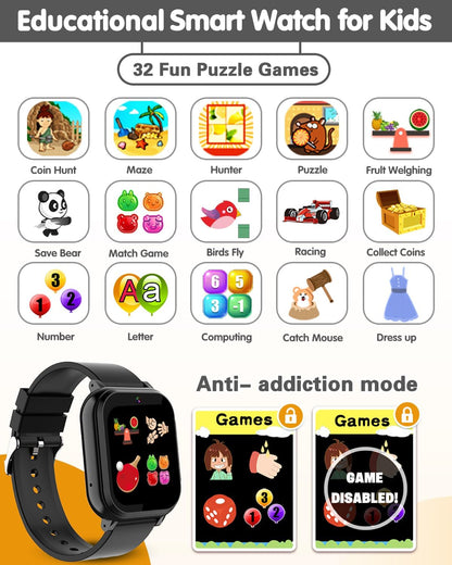 Kids Waterproof Smart Watch Boys Toys Age 5-12 with 32 Games, Dual Camera, Habit Tracking, Music Player, Video, Alarm Clock, HD Touchscreen Watch for Kids Birthday Gift for 3-12 Years Old Boys(Black)
