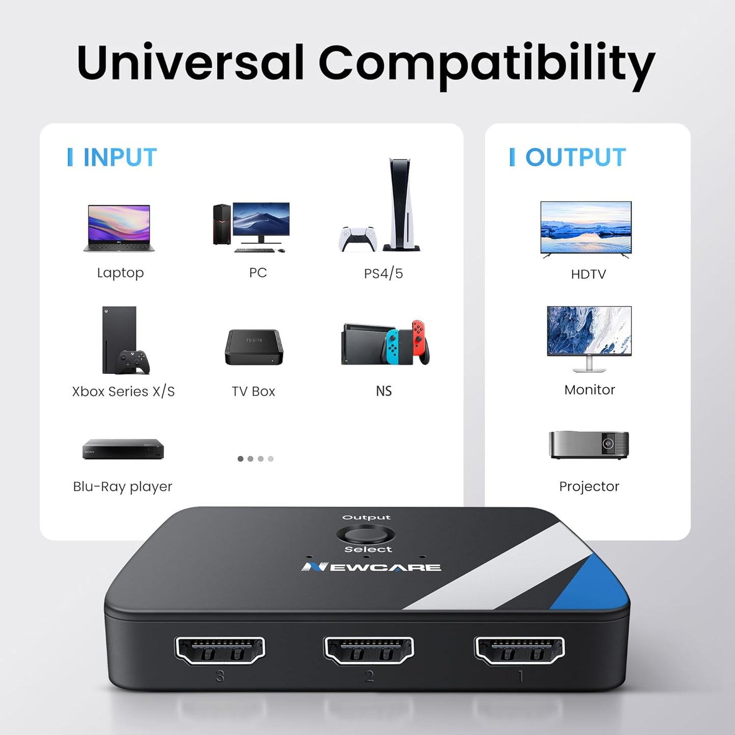 NEWCARE 4K@60Hz HDMI Switch 3 in 1 Out, HDMI Switcher 3X1 with HDMI Cable, 3-Port HDMI Switch Box Supports HDCP2.2, HDMI2.0, 3D, HDR, 1080P for PS4/PS5 Xbox Fire Stick PC HDTV DVD Player
