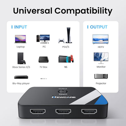 NEWCARE 4K@60Hz HDMI Switch 3 in 1 Out, HDMI Switcher 3X1 with HDMI Cable, 3-Port HDMI Switch Box Supports HDCP2.2, HDMI2.0, 3D, HDR, 1080P for PS4/PS5 Xbox Fire Stick PC HDTV DVD Player