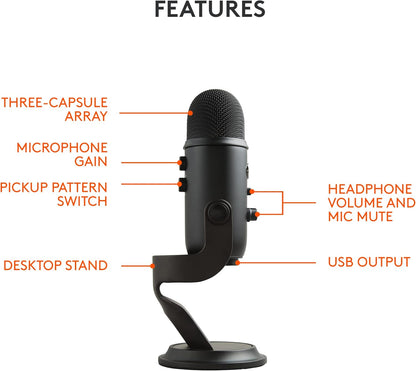 Logitech for Creators Blue Yeti USB Microphone for Gaming, Streaming, Podcasting, Twitch, YouTube, Discord, Recording for PC and Mac, 4 Polar Patterns, Studio Quality Sound, Plug & Play-Blackout