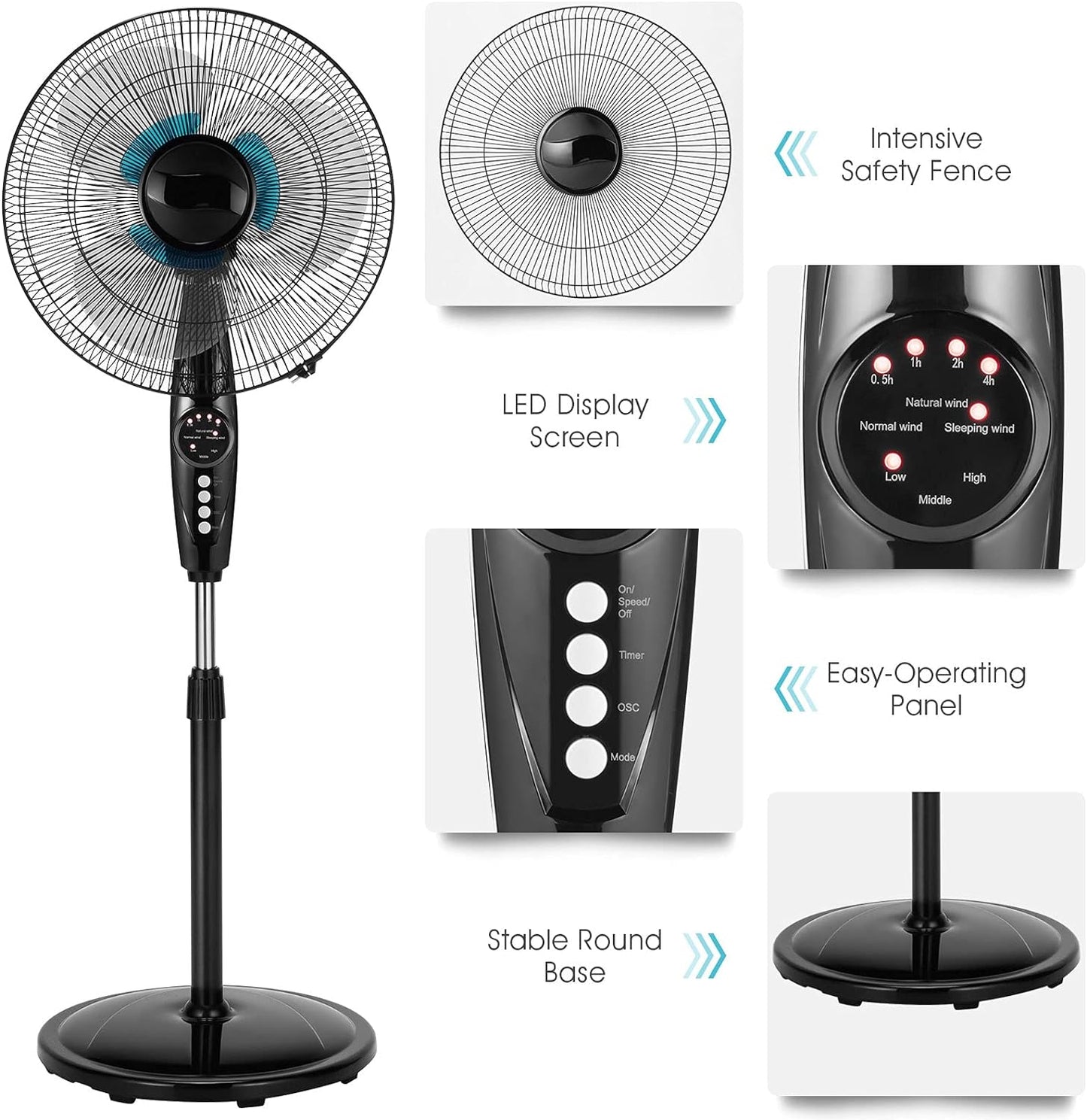 Happygrill 18 Inch Quiet Oscillating Pedestal Fan with Remote Control Standing Fan with 3-Speed and Timer LCD Display Adjustable Height for Home and Office