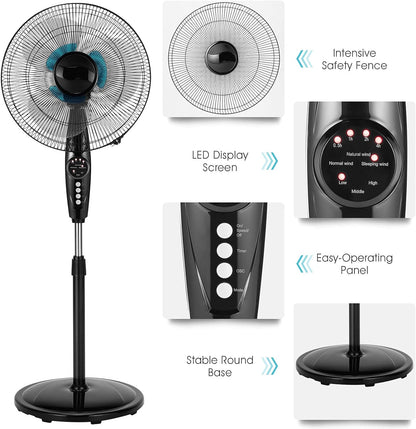 Happygrill 18 Inch Quiet Oscillating Pedestal Fan with Remote Control Standing Fan with 3-Speed and Timer LCD Display Adjustable Height for Home and Office