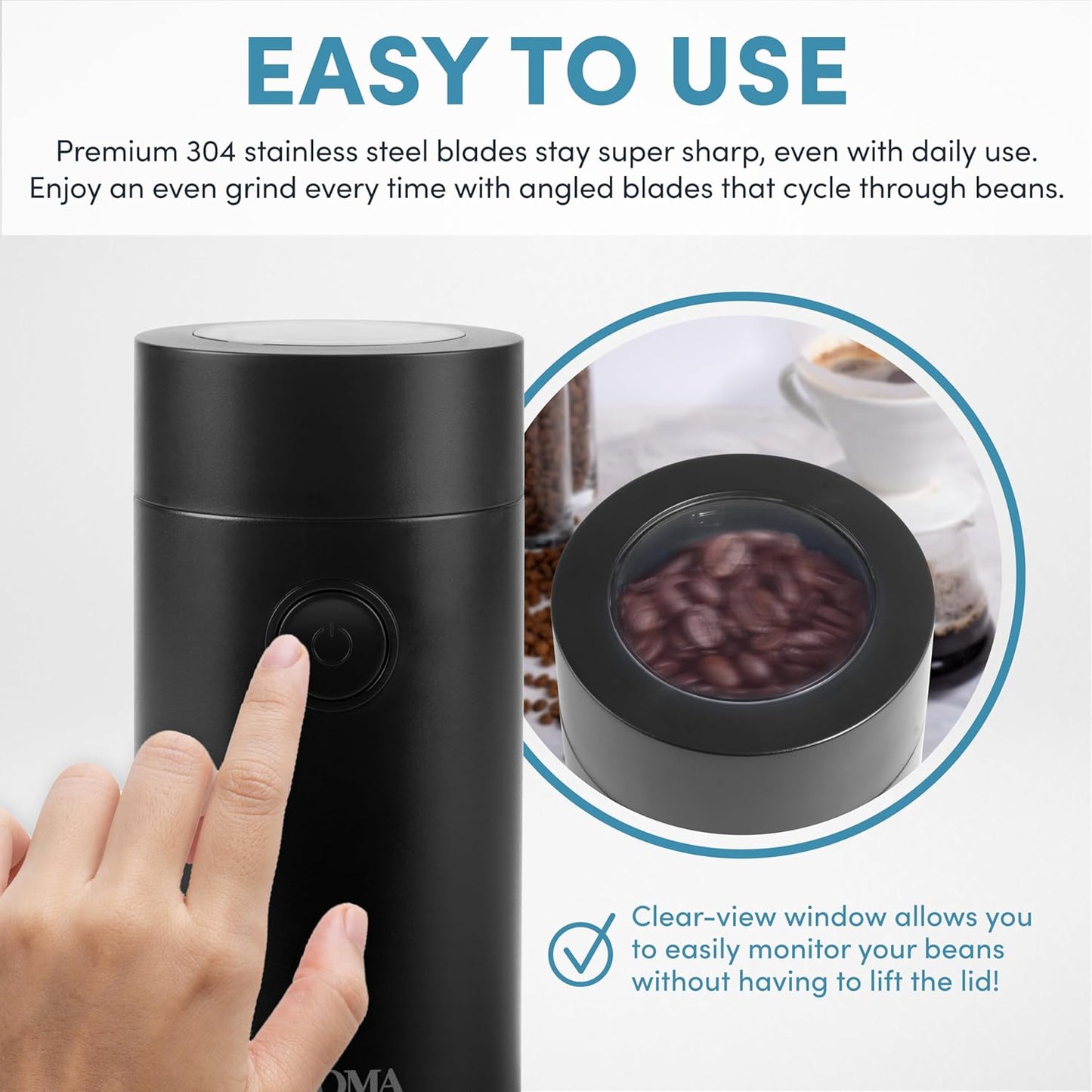 Aroma Housewares Mini Coffee Grinder and Electric Herb Grinder with 304 Stainless Steel Grinding Blades and a Premium Clear Lid (40 g.)