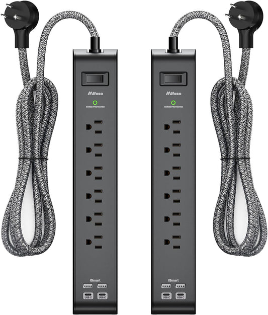 2 Pack Power Bar - Extension Cord with 6 Outlets 4 USB Ports, Surge Protector Heavy-Duty Braided Extension Cords 15A Circuit Breaker Wall Mount for Home Office ETL Listed (5FT, Black)