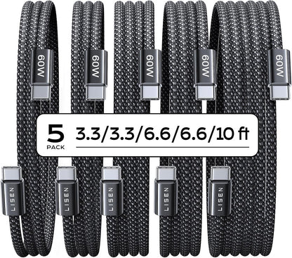 LISEN USB C Cable, 5-Pack [3.3/3.3/6.6/6.6/10FT] USBC to USBC Cable for iPhone 16e 15 Pro Max Charger Cord, 60W (3.1A) C to C Cable Fast Charging for Samsung S25/S24/23, Switch 2, iPad, MacBook