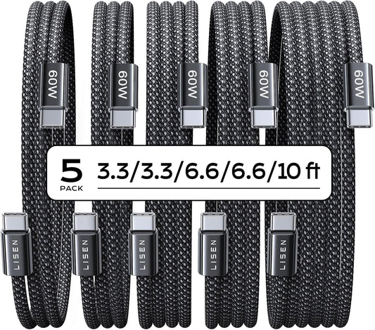LISEN USB C Cable, 5-Pack [3.3/3.3/6.6/6.6/10FT] USBC to USBC Cable for iPhone 16e 15 Pro Max Charger Cord, 60W (3.1A) C to C Cable Fast Charging for Samsung S25/S24/23, Switch 2, iPad, MacBook