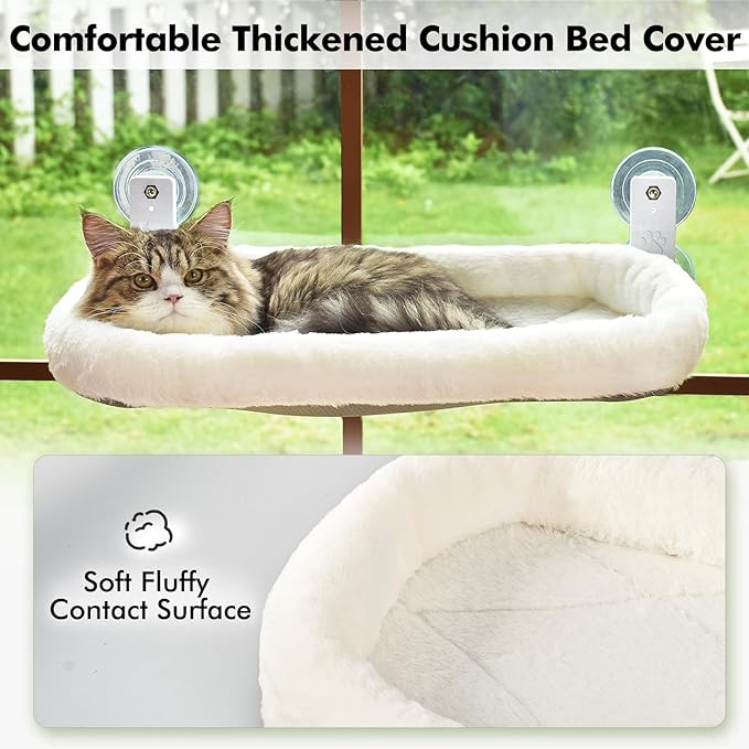 AMOSIJOY Cordless Cat Window Perch, Cat Hammock for Window with 4 Strong Suction Cups, Solid Metal Frame and Soft Cover, Foldable Cat Beds for Indoor Cats…