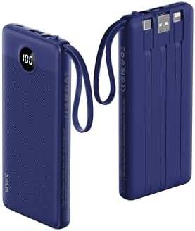 VRURC 10000mAh Power Bank Built-in Cables, Portable Charger with LED Display, Slim Intelligent Travel Battery Pack with Cords, 5 Output Dual Input Phone Charger for Cell Phone Smart Devcies-Blue