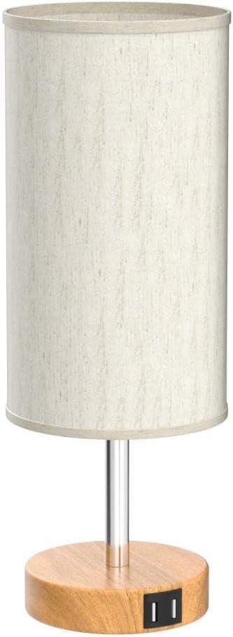 Yarra-Decor Bedside Table Lamp with USB Port - Touch Control for Bedroom Wood 3 Way Dimmable Nightstand Lamp with Round Flaxen Fabric Shade for Living Room, Dorm, Home Office (LED Bulb Included) - PuriLite