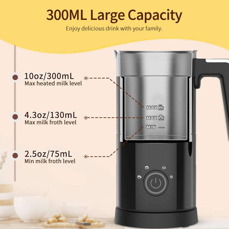 4 in 1 Milk Frother: Electric Milk Foamer with Cold & Hot Froth for Latte Cappuccino - Automatic Coffee Foam Maker 350 ml/10 oz Instant Milk Chocolate Steamer Heater