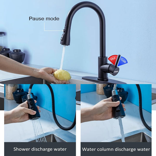 HUAAKE Kitchen Faucet with Pull Down Sprayer, Multi-Function Stainless Steel Single Handle High Arc Kitchen Sink Faucet, 360° Swivel Modern Commercial Kitchen tap with Deck Plate - PuriLite