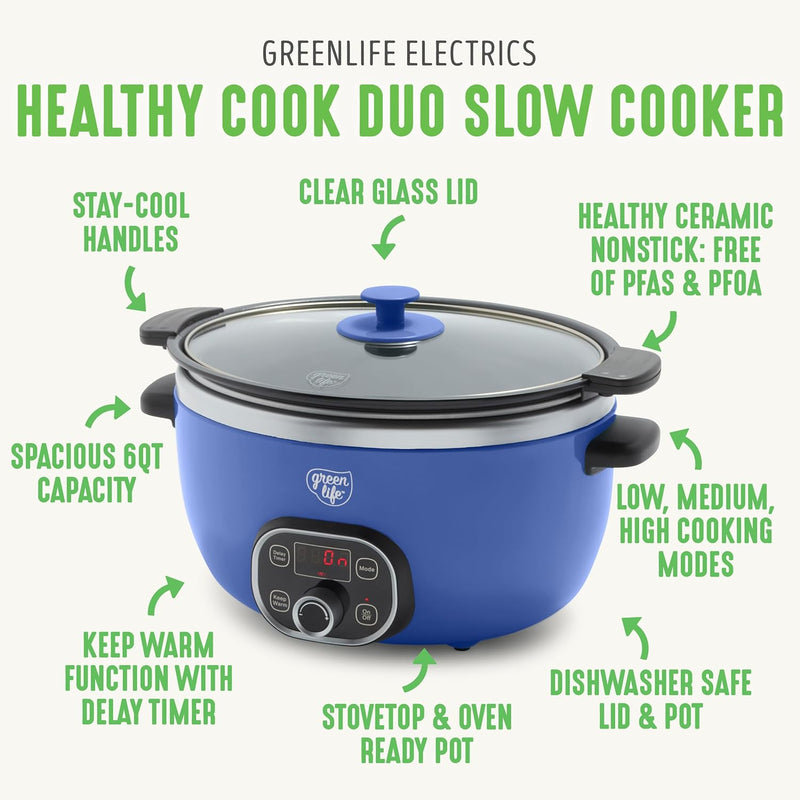 GreenLife 6 Quart Ceramic Slow Cooker, PFAS-Free, Programmable, Removable Healthy Nonstick Pot for Family Meals, Sear on Stovetop, Keep Warm, Digital Timer, Dishwasher Safe Glass Lid & Crock, Blue