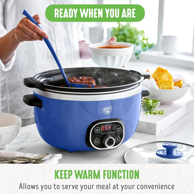 GreenLife 6 Quart Ceramic Slow Cooker, PFAS-Free, Programmable, Removable Healthy Nonstick Pot for Family Meals, Sear on Stovetop, Keep Warm, Digital Timer, Dishwasher Safe Glass Lid & Crock, Blue