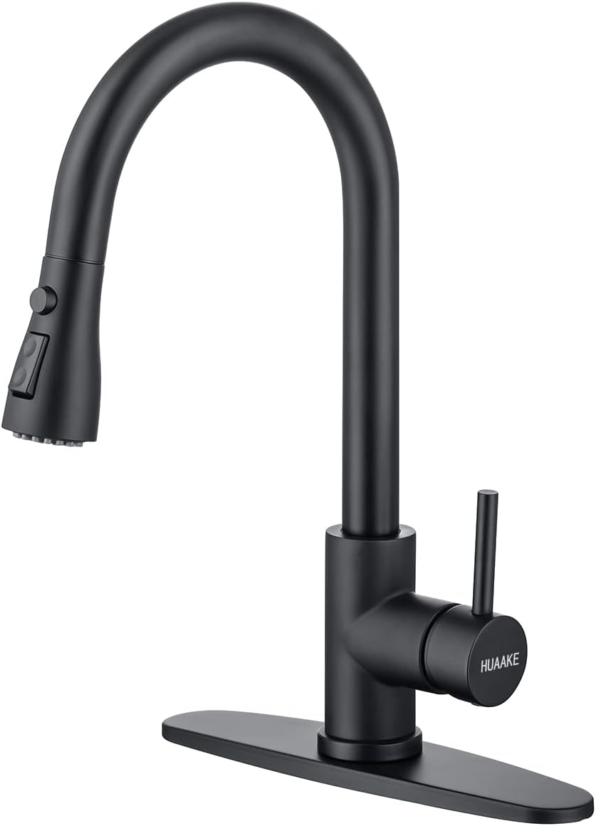 HUAAKE Kitchen Faucet with Pull Down Sprayer, Multi-Function Stainless Steel Single Handle High Arc Kitchen Sink Faucet, 360° Swivel Modern Commercial Kitchen tap with Deck Plate