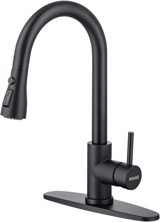 HUAAKE Kitchen Faucet with Pull Down Sprayer, Multi-Function Stainless Steel Single Handle High Arc Kitchen Sink Faucet, 360° Swivel Modern Commercial Kitchen tap with Deck Plate