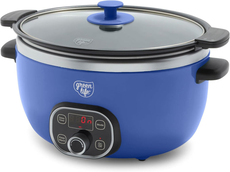 GreenLife 6 Quart Ceramic Slow Cooker, PFAS-Free, Programmable, Removable Healthy Nonstick Pot for Family Meals, Sear on Stovetop, Keep Warm, Digital Timer, Dishwasher Safe Glass Lid & Crock, Blue