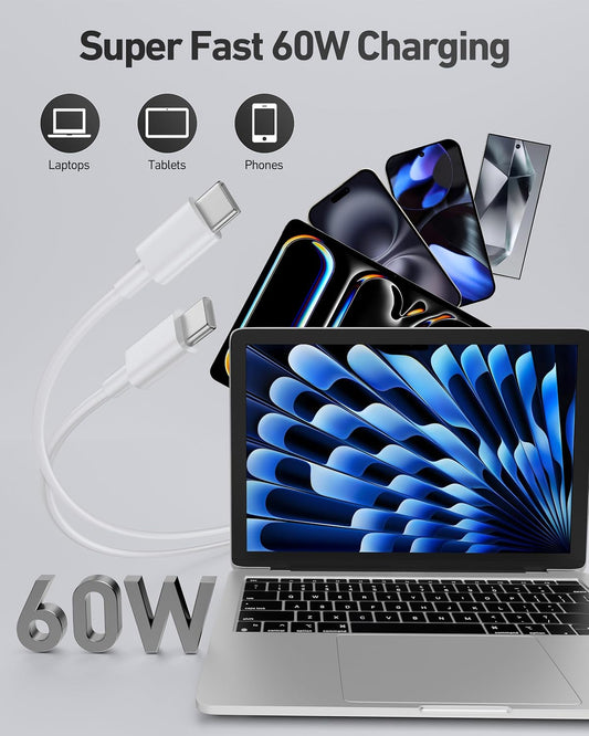 USB C to USB C Cable, 2-Pack 60W 6FT Long Type C Charger Cord Fast Charging for iPhone 16/15 Pro Max/Plus/16e Cable, iPad, MacBook, Galaxy S25/S24/S23/S22, Pixel, Moto, Switch, Tablet, Android Phone - PuriLite