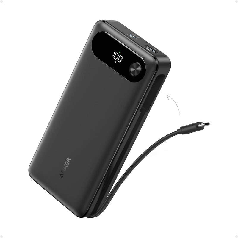 Anker Power Bank, 20,000mAh Portable Charger with Built-in USB-C Cable, 87W Max Fast Charging Battery Pack for Laptop, 2 USB-C and 1 USB-A, for MacBook, iPhone 16/15 Series, Samsung, Switch, and More