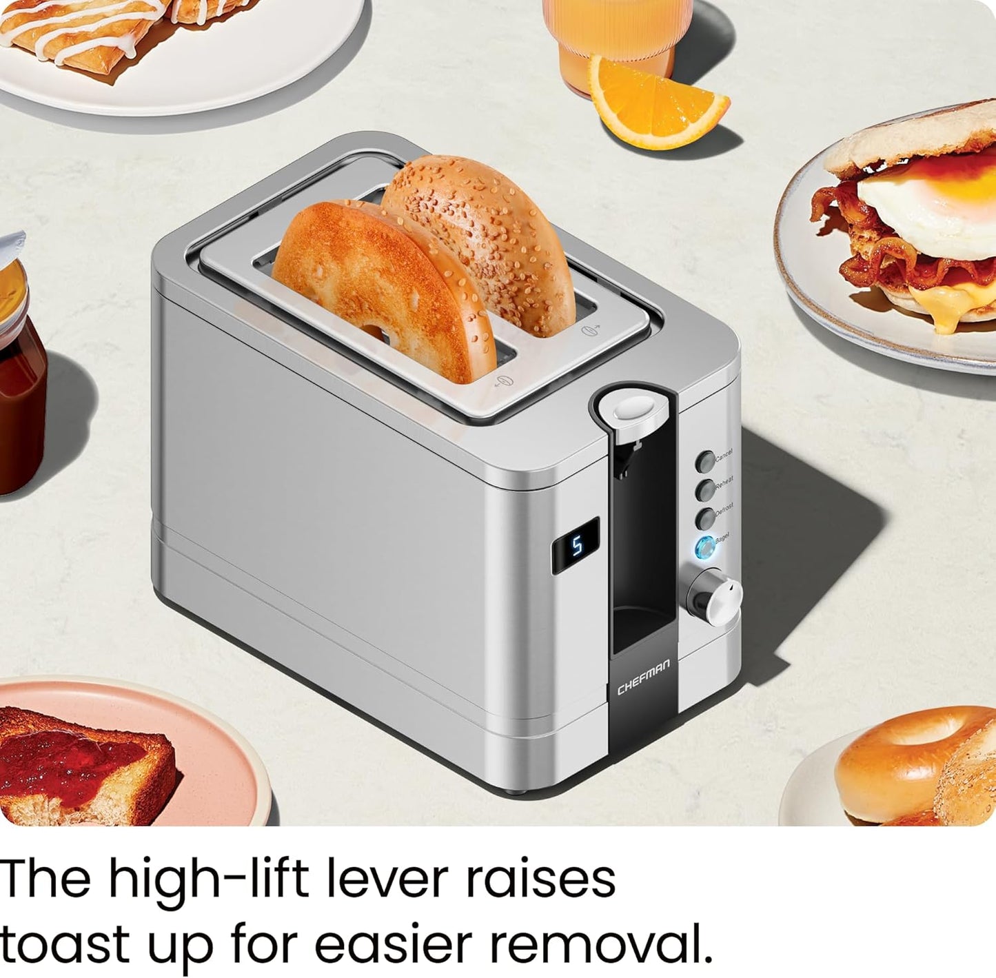 Chefman 2-Slice Digital Toaster, Pop-Up, Stainless Steel, Extra-Wide Slots For Bagels, Defrost, Reheat, Cancel Functions, Removable Crumb Tray, Stainless Steel - Digital