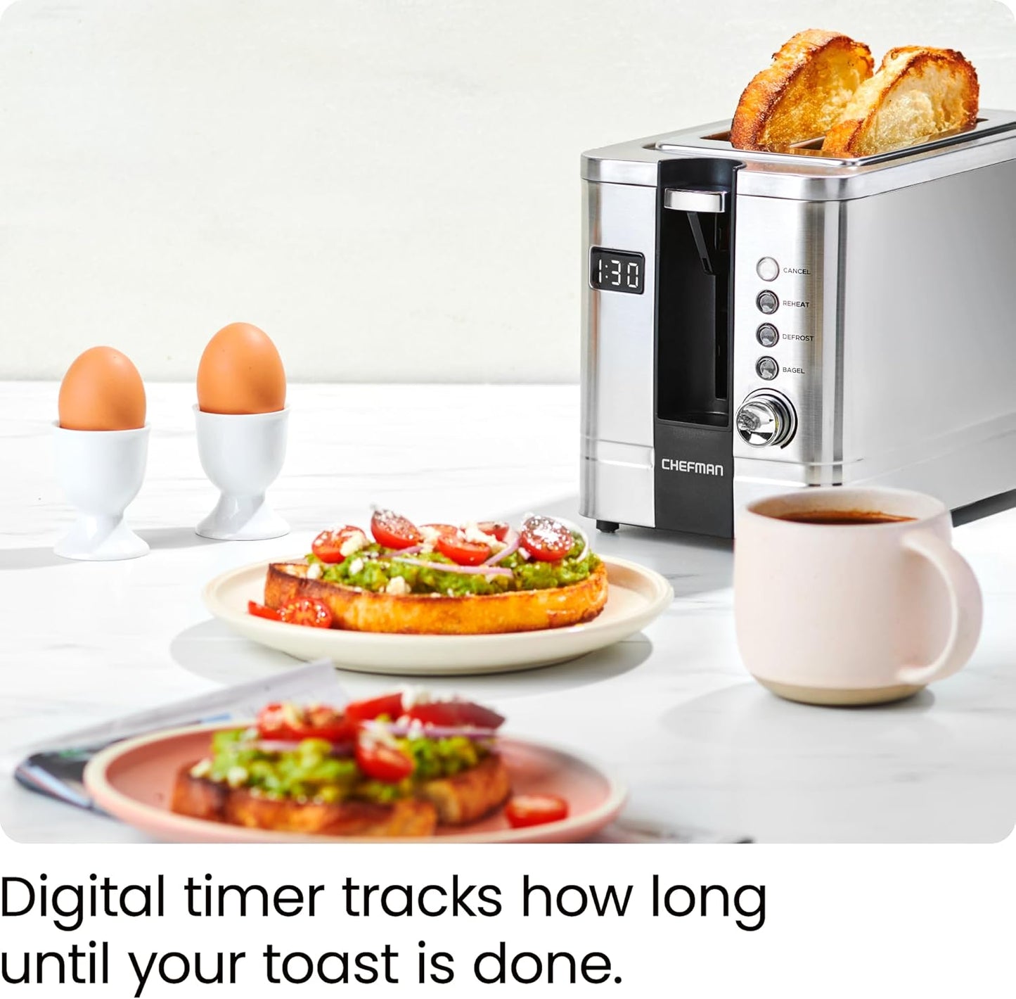 Chefman 2-Slice Digital Toaster, Pop-Up, Stainless Steel, Extra-Wide Slots For Bagels, Defrost, Reheat, Cancel Functions, Removable Crumb Tray, Stainless Steel - Digital