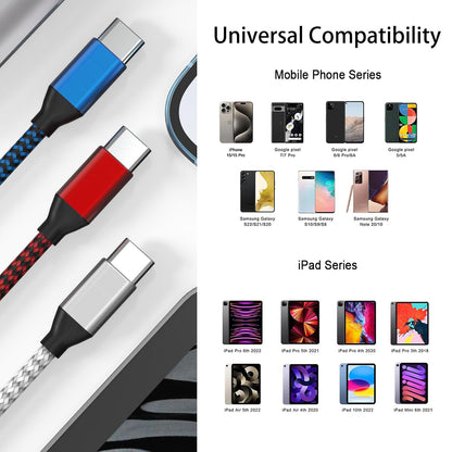 USB C to USB C Cable Nylon Braided 60W 3/3/6/6/10 FT USB Type C Fast Charging Cable for iPhone 16/16 Plus/16 Pro Max/15/15 Plus/15 Pro Max, MacBook Pro, iPad Pro Air, Samsung S24/S24 Ultra/S23