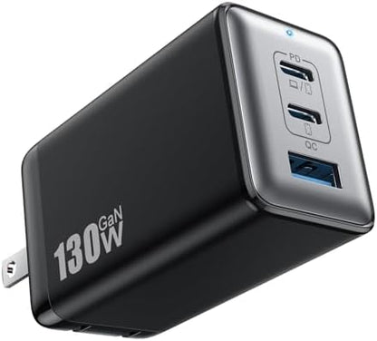 130W USB C Wall Charger,GaN III 3-Port Fast Charging Station,PD QC Foldable Charger Block Portable 65W USB C Laptop Adapter for MacBook Pro/Air,iPad Pro,Galaxy S23,Dell XPS 13,iPhone 15/Pro etc-Black