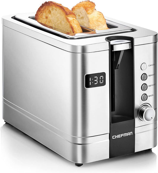 Chefman 2-Slice Digital Toaster, Pop-Up, Stainless Steel, Extra-Wide Slots For Bagels, Defrost, Reheat, Cancel Functions, Removable Crumb Tray, Stainless Steel - Digital
