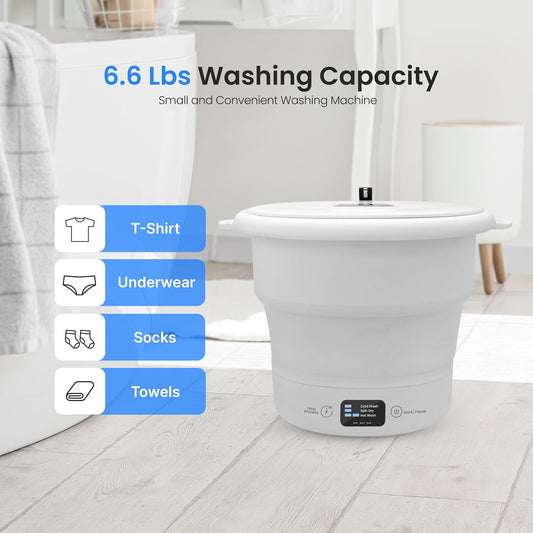 SereneLife Portable Mini Washing Machine – Compact, Foldable Washer for Travel, Dorms, and Camping – Semi-Automatic, Energy-Saving Design – Includes Power Cord & Lid Cover, White - PuriLite