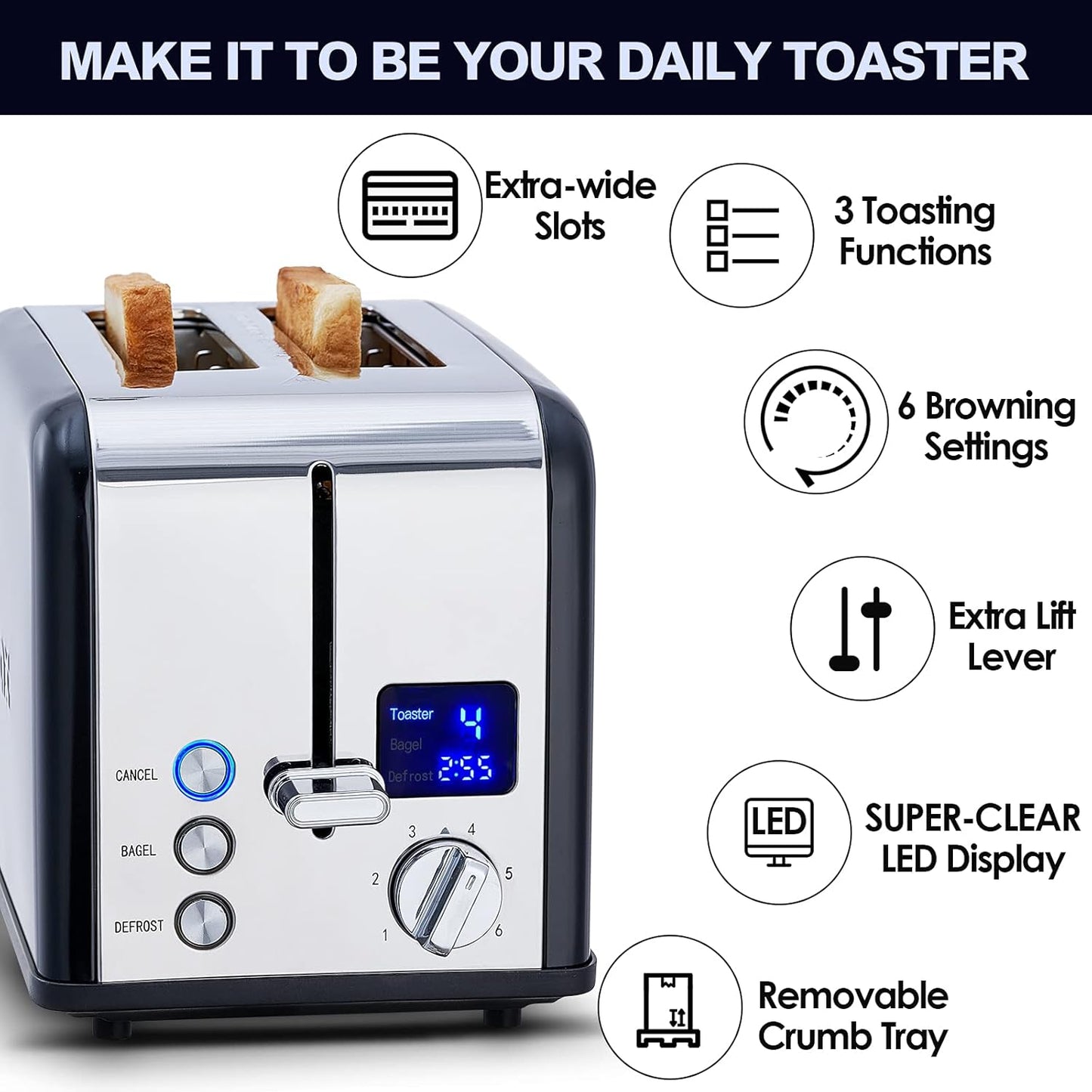 Toaster 2 Slice, CUSIMAX Stainless Steel Toaster with Large LED Display, Bread Toaster 1.5'' Extra-wide Slots with 6 Browning Settings, Cancel/Bagel/Defrost Function, Removable Crumb Tray, Black