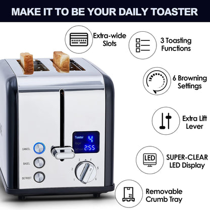 Toaster 2 Slice, CUSIMAX Stainless Steel Toaster with Large LED Display, Bread Toaster 1.5'' Extra-wide Slots with 6 Browning Settings, Cancel/Bagel/Defrost Function, Removable Crumb Tray, Black