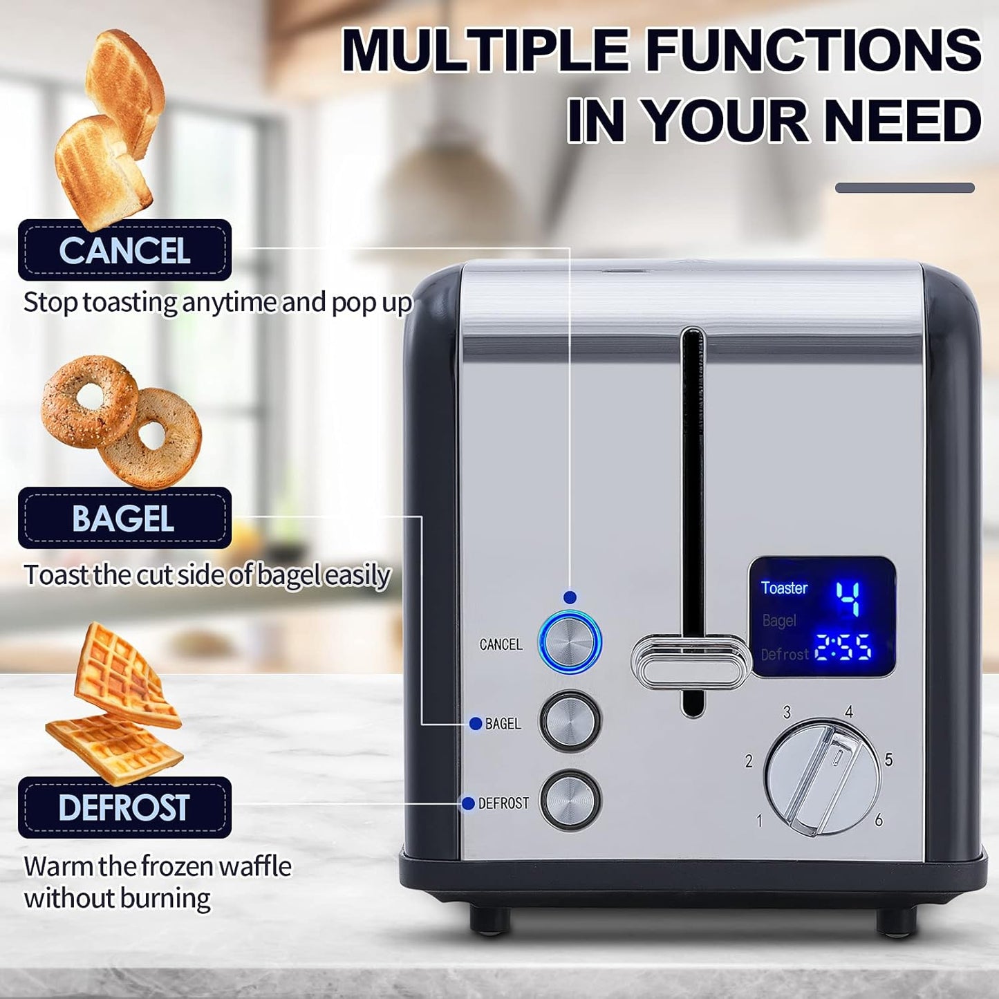 Toaster 2 Slice, CUSIMAX Stainless Steel Toaster with Large LED Display, Bread Toaster 1.5'' Extra-wide Slots with 6 Browning Settings, Cancel/Bagel/Defrost Function, Removable Crumb Tray, Black
