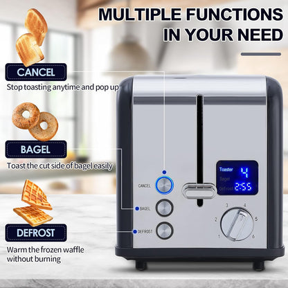 Toaster 2 Slice, CUSIMAX Stainless Steel Toaster with Large LED Display, Bread Toaster 1.5'' Extra-wide Slots with 6 Browning Settings, Cancel/Bagel/Defrost Function, Removable Crumb Tray, Black