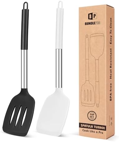 Pack of 2 Silicone Slotted Spatula,Non Stick Solid Kitchen Turner, High Heat Resistant BPA Free Cooking Utensils for Fish, Eggs, Pancakes（Black