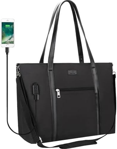 Laptop Bag for Women 17.3 Inch Laptop Tote Bag Large Work Tote Bag Waterproof Work Bag Teacher Bag with USB Charging Port Computer Tote Bag Nylon Handbag Satchel Shoulder Bag(17.3 inch, Black) - PuriLite