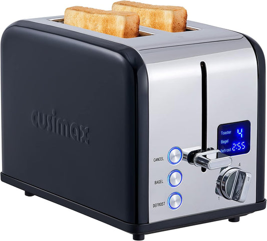 Toaster 2 Slice, CUSIMAX Stainless Steel Toaster with Large LED Display, Bread Toaster 1.5'' Extra-wide Slots with 6 Browning Settings, Cancel/Bagel/Defrost Function, Removable Crumb Tray, Black